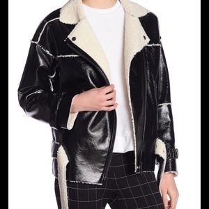 Kenneth Cole MOTO JACKET COAT, Faux Leather Vegan BLACK JACKET SHERPA LINING NEW